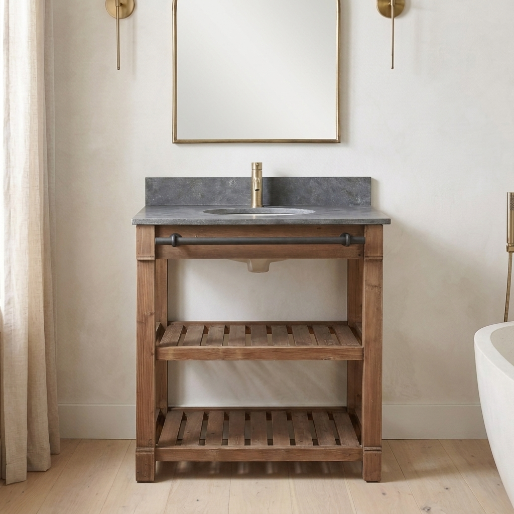 Reclaimed-wood vanity in a soft, light-filled bathroom